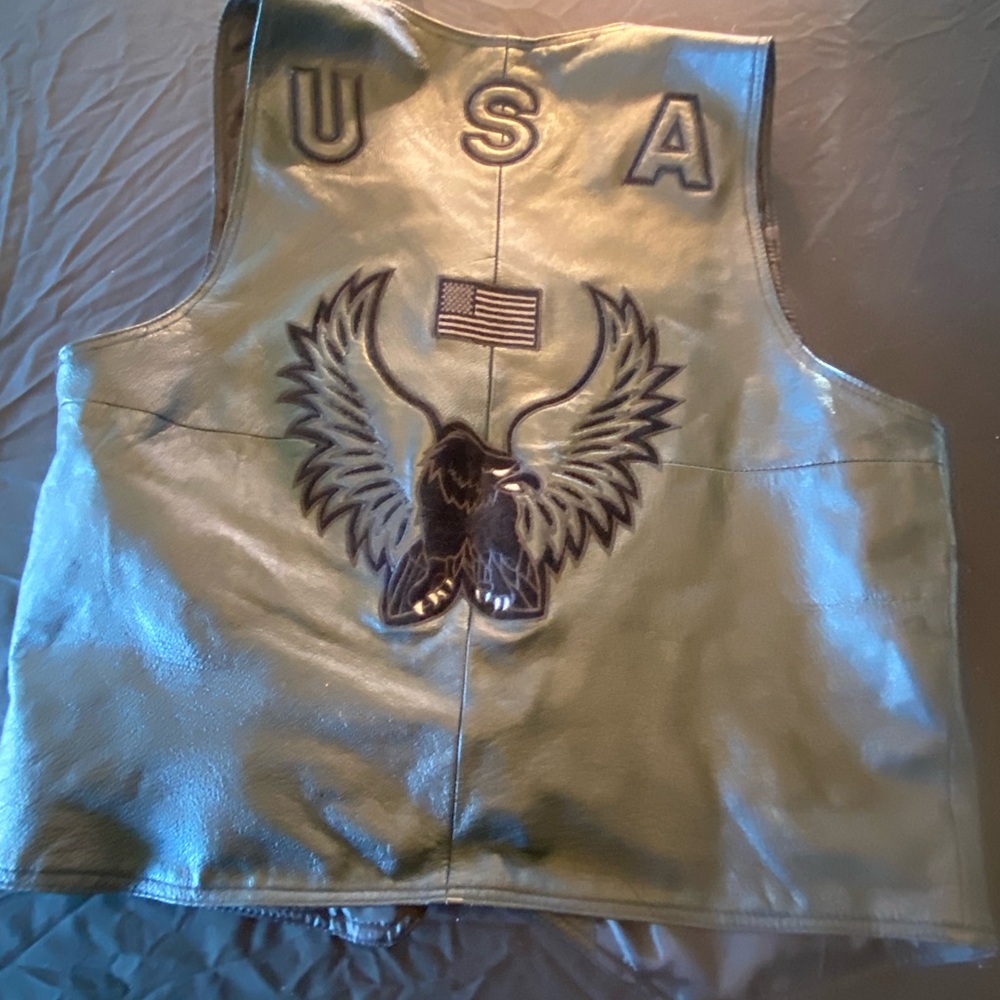 USA Eagle Embroidered Leather Vest in Olive